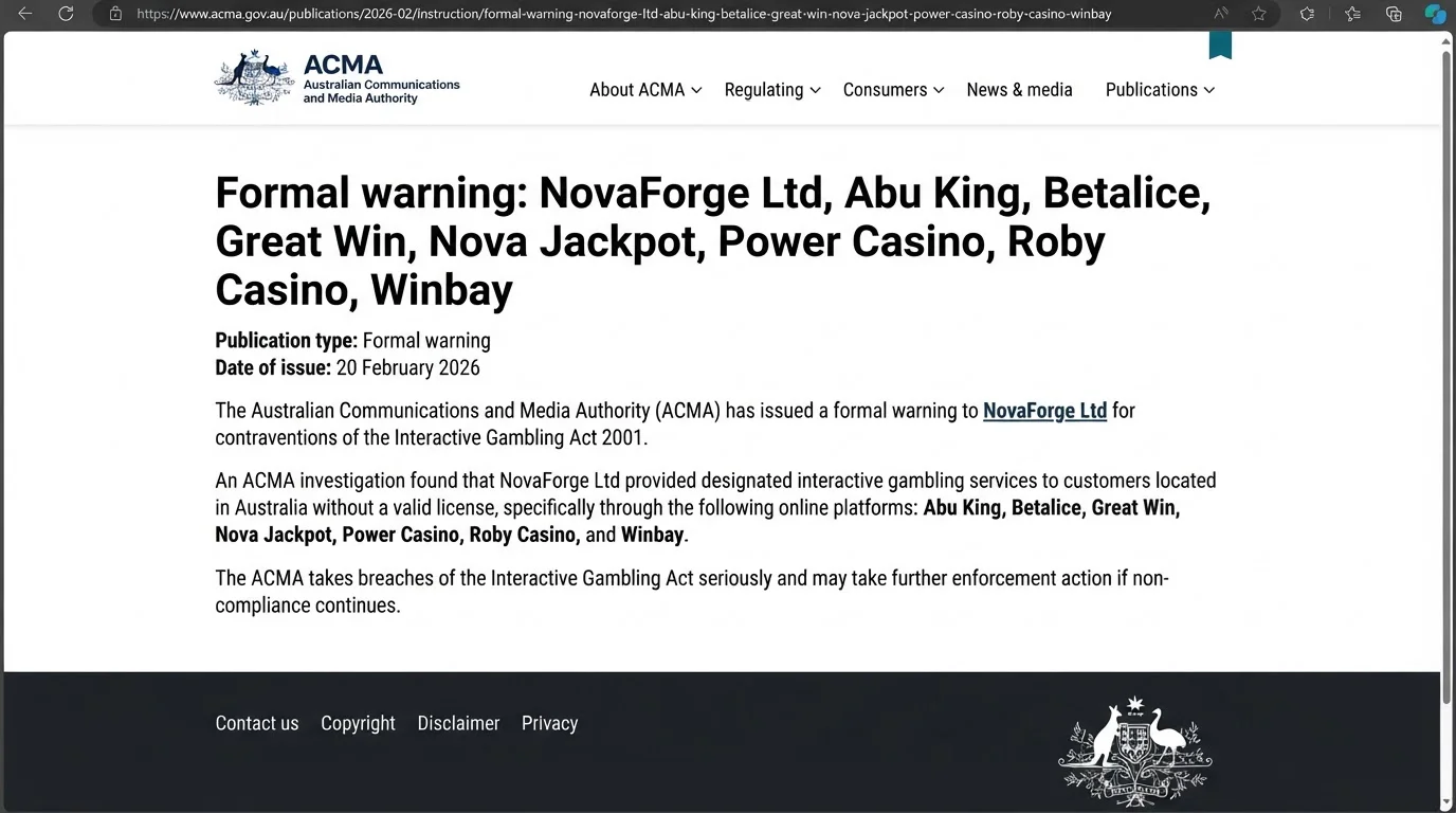 ACMA enforcement notice naming Roby Casino and NovaForge Ltd