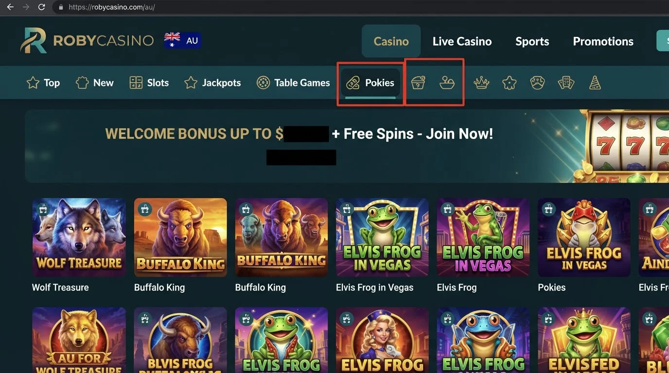 Roby Casino Australia homepage with pokies and casino navigation