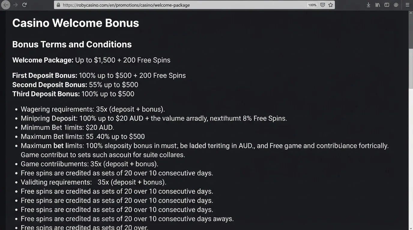 Roby Casino welcome package terms showing Australian dollar bonus values