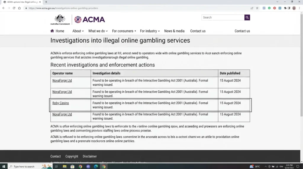 ACMA regulatory record naming Roby Casino in an Australian online gambling enforcement action