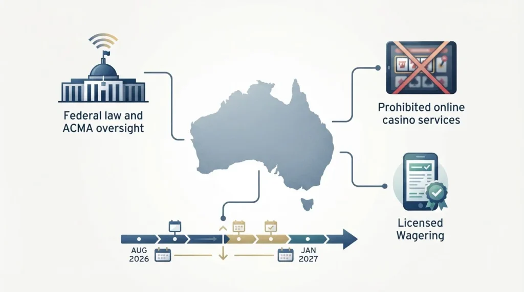 Australian online gambling framework showing ACMA, prohibited casino services, licensed wagering and the 2026 to 2027 reform timeline