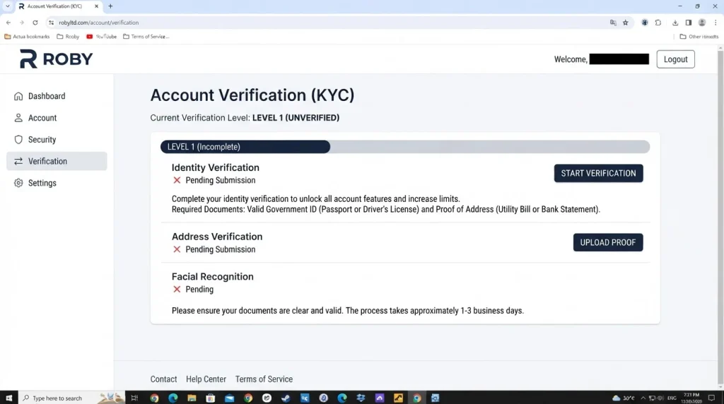 Roby account verification area showing identity-check steps without personal information