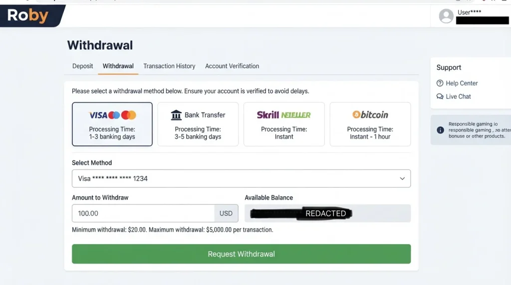Roby cashier showing withdrawal options and account payment controls