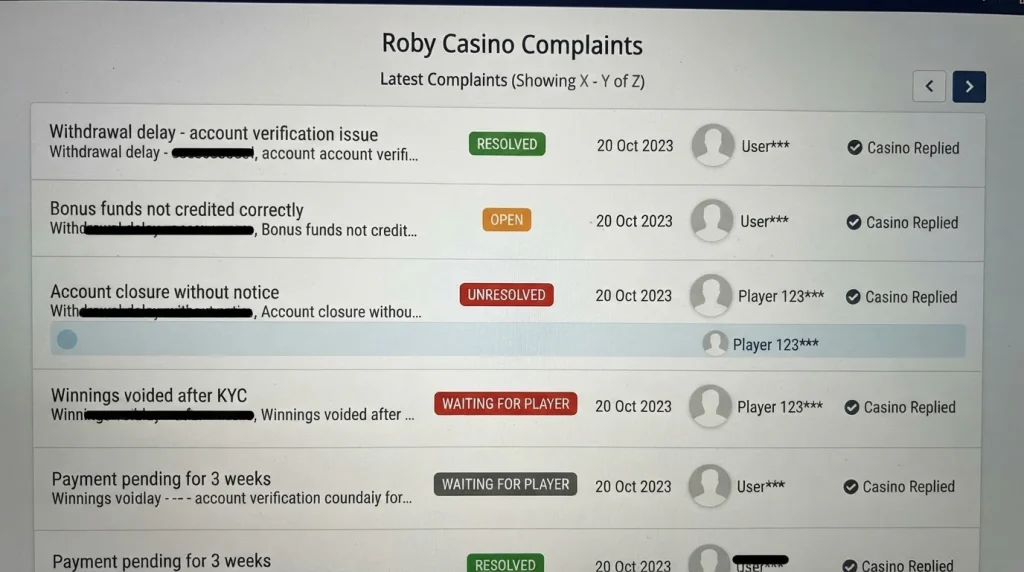 Roby Casino complaint listings with case statuses and review information visible