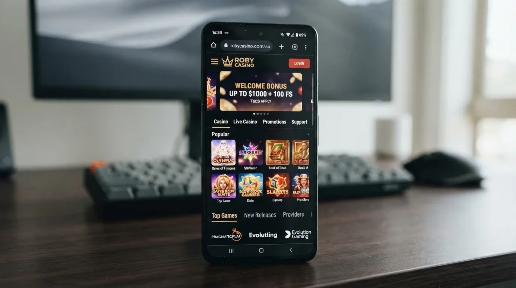 Roby Casino displayed on a smartphone-sized browser with casino navigation visible