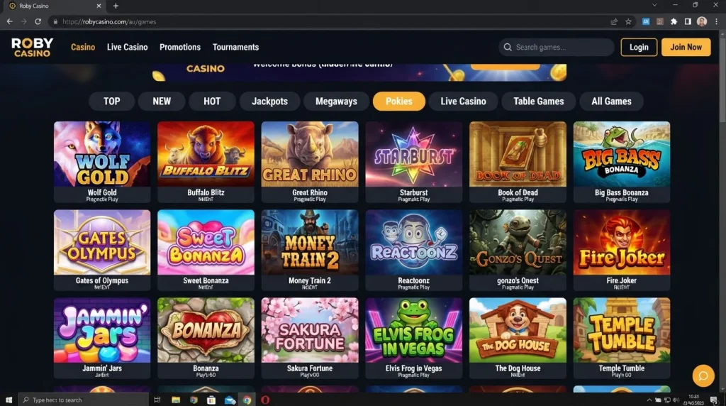 Roby Casino game lobby with pokies, table games and category navigation visible