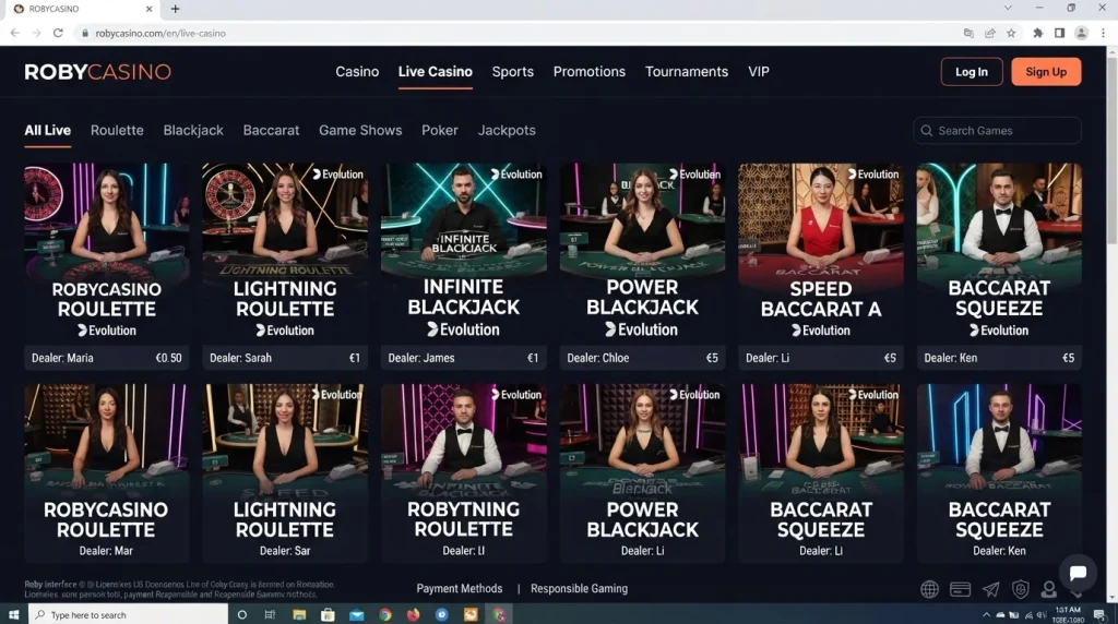 Roby Casino live gaming lobby with roulette, blackjack and baccarat tables displayed