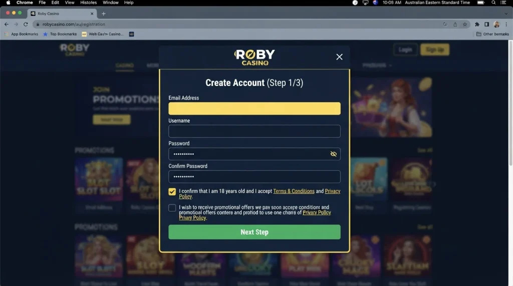 Roby Casino registration form displayed with account setup fields visible