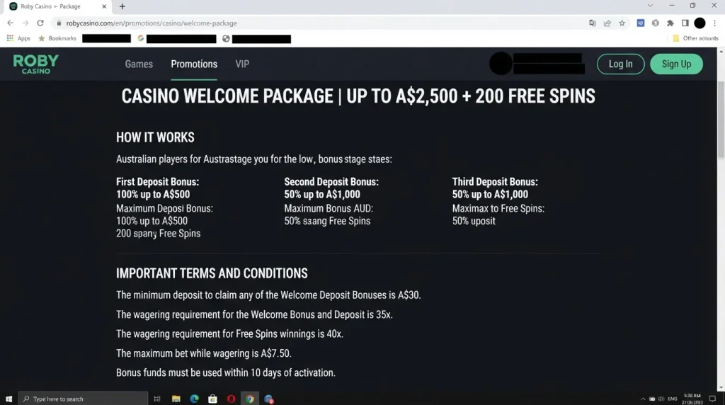 Roby Casino welcome offer page showing the current promotion terms and Australian dollar values