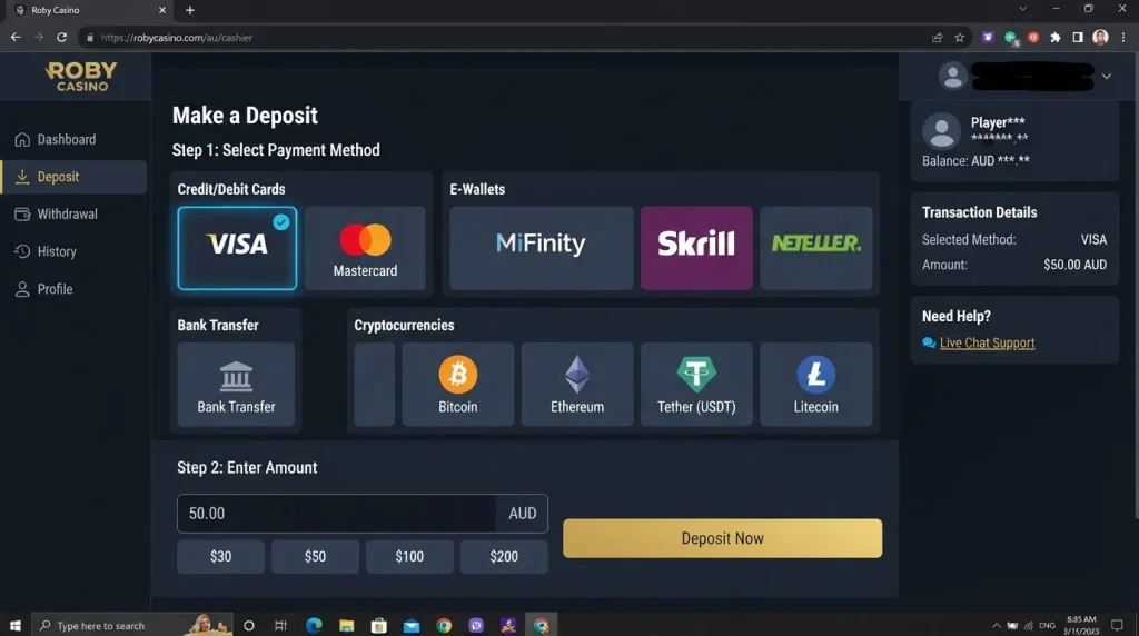 Roby payment area with deposit methods available to an account